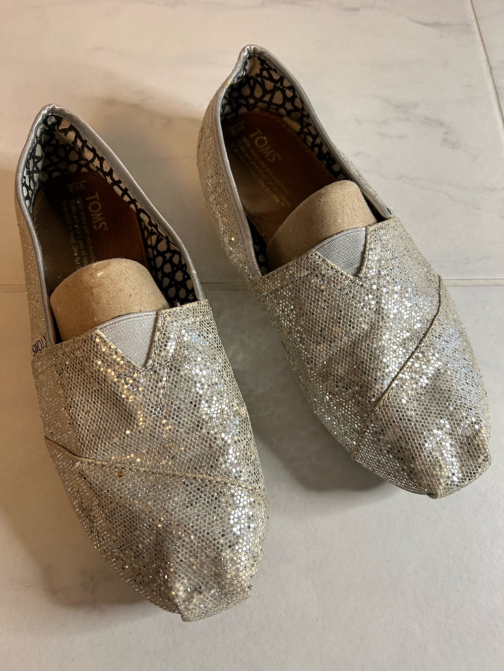 TOMS Silver Glittery Classic Slip-Ons / flats